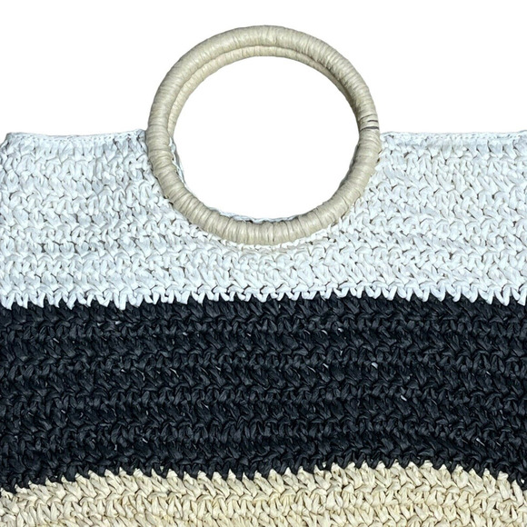 Talbots Hand Crochet Straw Circle Handle Tote Bag Colorblock Brown Cream Tan NEW - Picture 6 of 9